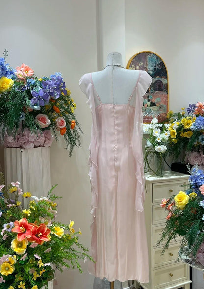 Gentle Pink Ruffled Bodycon Dress Chiffon V-Neck Ball Dress Birthday Dress ED01859