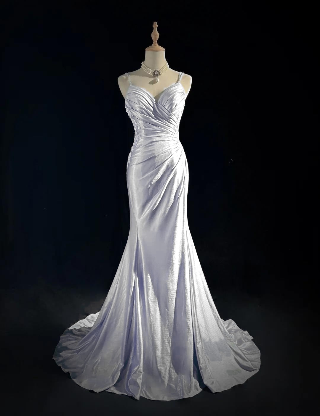 Beautiful Spaghetti Strap Mermaid Glitter Satin Long Prom Backless Applique Evening Gown Simple Wedding Dress ED01863