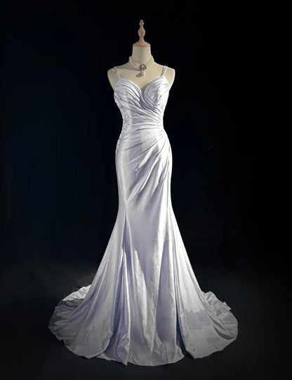 Beautiful Spaghetti Strap Mermaid Glitter Satin Long Prom Backless Applique Evening Gown Simple Wedding Dress ED01863