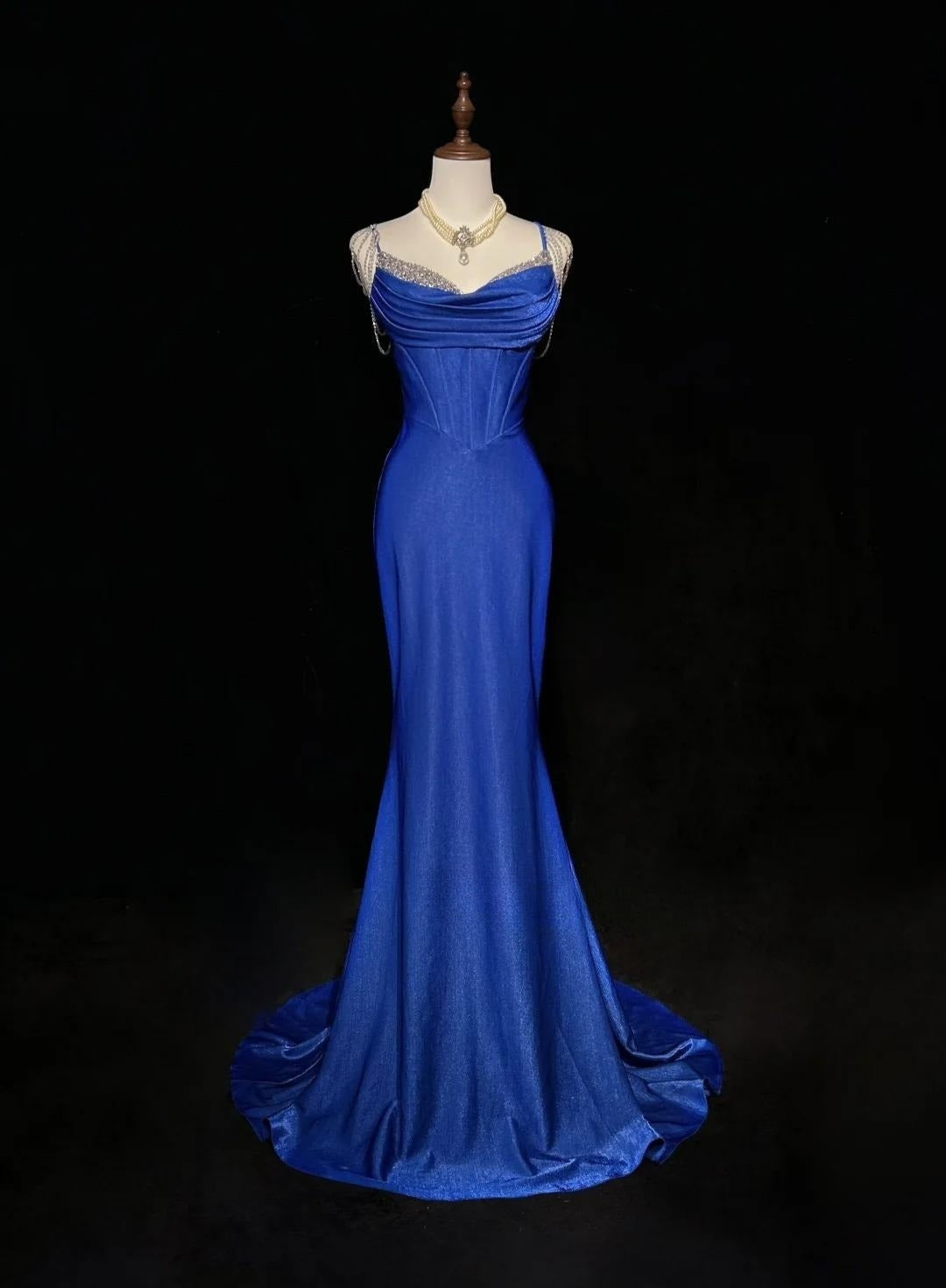 Royal Blue Elegant Mermaid Satin Spaghetti Strap Long Prom Dress Beaded Formal Evening Gown ED01864