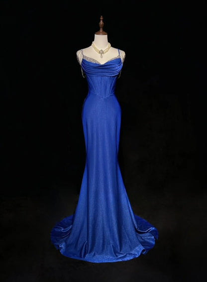 Royal Blue Elegant Mermaid Satin Spaghetti Strap Long Prom Dress Beaded Formal Evening Gown ED01864