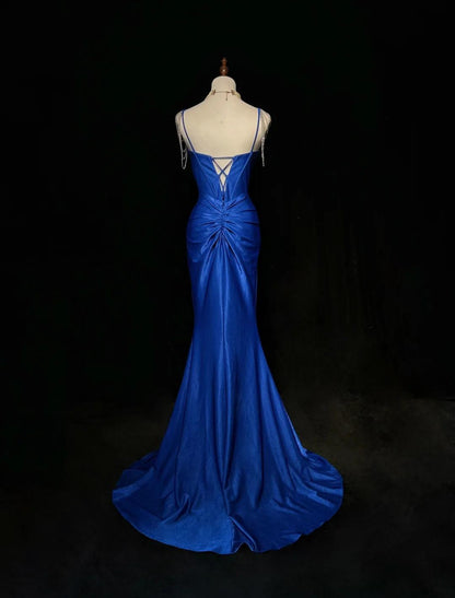 Royal Blue Elegant Mermaid Satin Spaghetti Strap Long Prom Dress Beaded Formal Evening Gown ED01864
