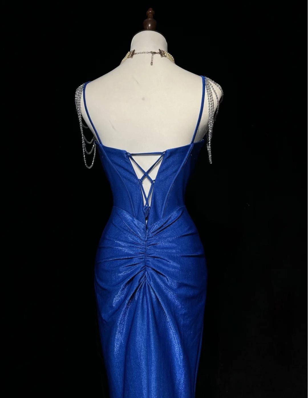 Royal Blue Elegant Mermaid Satin Spaghetti Strap Long Prom Dress Beaded Formal Evening Gown ED01864