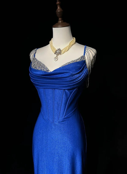 Royal Blue Elegant Mermaid Satin Spaghetti Strap Long Prom Dress Beaded Formal Evening Gown ED01864