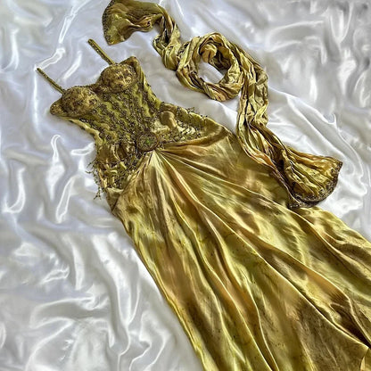 Vintage Gold Spaghetti Strap Silk Sheath Prom Dresses Beaded Evening Gowns with Scarf ED01866