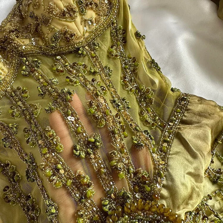 Vintage Gold Spaghetti Strap Silk Sheath Prom Dresses Beaded Evening Gowns with Scarf ED01866