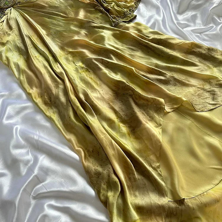 Vintage Gold Spaghetti Strap Silk Sheath Prom Dresses Beaded Evening Gowns with Scarf ED01866