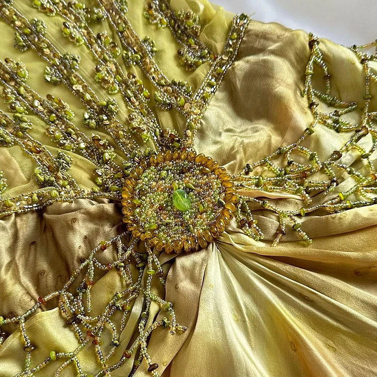 Vintage Gold Spaghetti Strap Silk Sheath Prom Dresses Beaded Evening Gowns with Scarf ED01866