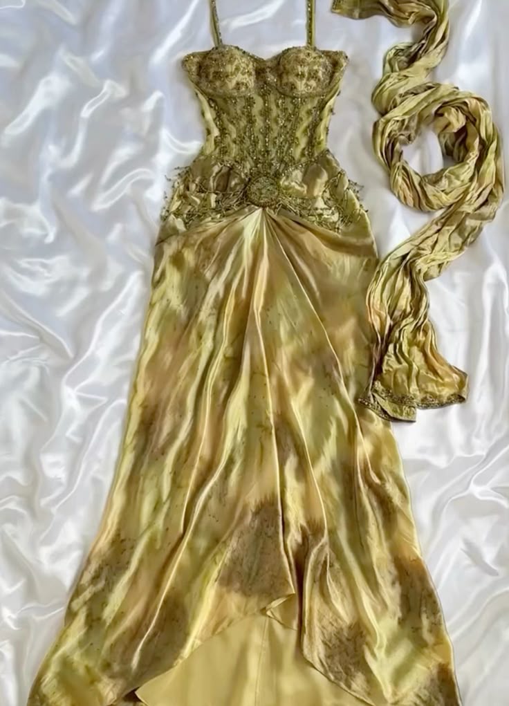 Vintage Gold Spaghetti Strap Silk Sheath Prom Dresses Beaded Evening Gowns with Scarf ED01866