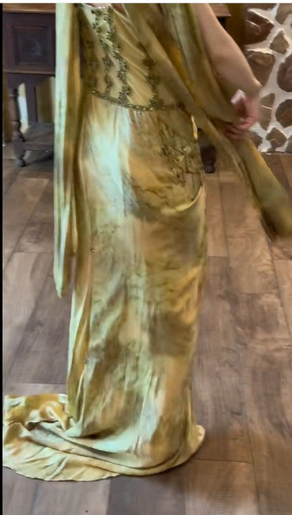 Vintage Gold Spaghetti Strap Silk Sheath Prom Dresses Beaded Evening Gowns with Scarf ED01866