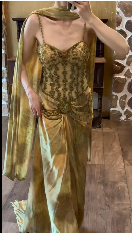 Vintage Gold Spaghetti Strap Silk Sheath Prom Dresses Beaded Evening Gowns with Scarf ED01866