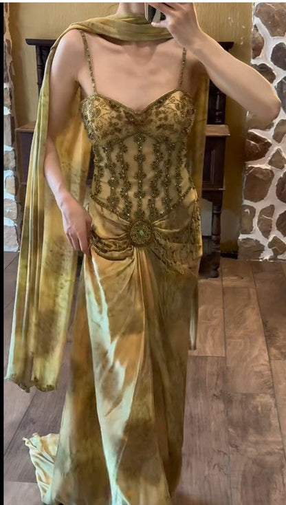 Vintage Gold Spaghetti Strap Silk Sheath Prom Dresses Beaded Evening Gowns with Scarf ED01866