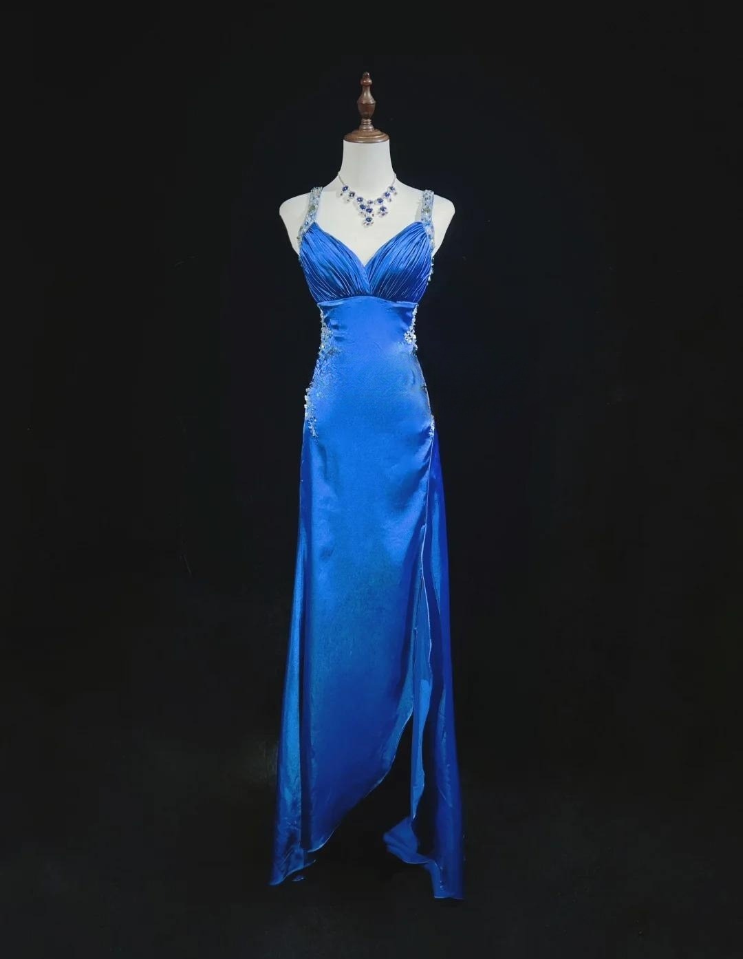 Beautiful Backless Beaded Satin Sheath Royal Blue Long Prom Dress Formal Evening Gown ED01867