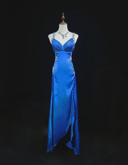 Beautiful Backless Beaded Satin Sheath Royal Blue Long Prom Dress Formal Evening Gown ED01867