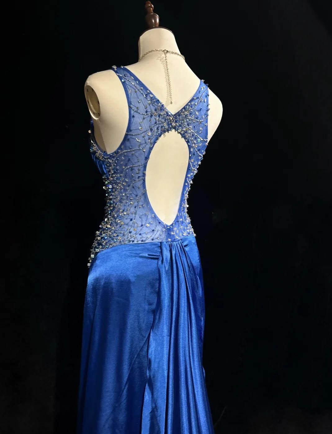 Beautiful Backless Beaded Satin Sheath Royal Blue Long Prom Dress Formal Evening Gown ED01867