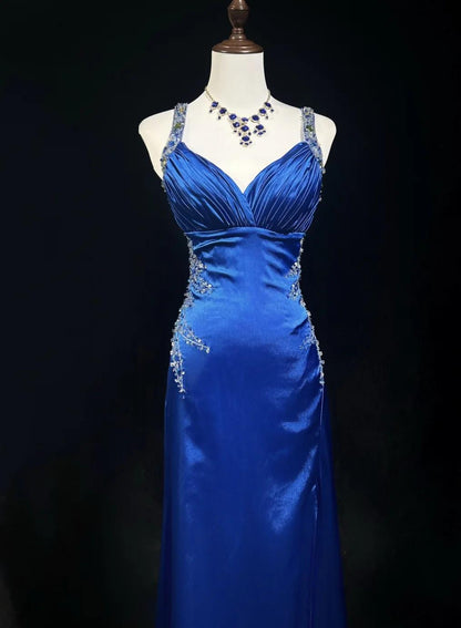 Beautiful Backless Beaded Satin Sheath Royal Blue Long Prom Dress Formal Evening Gown ED01867