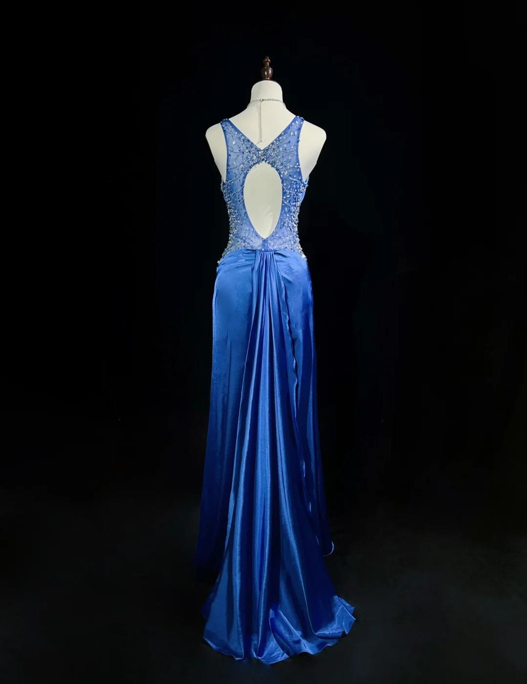 Beautiful Backless Beaded Satin Sheath Royal Blue Long Prom Dress Formal Evening Gown ED01867