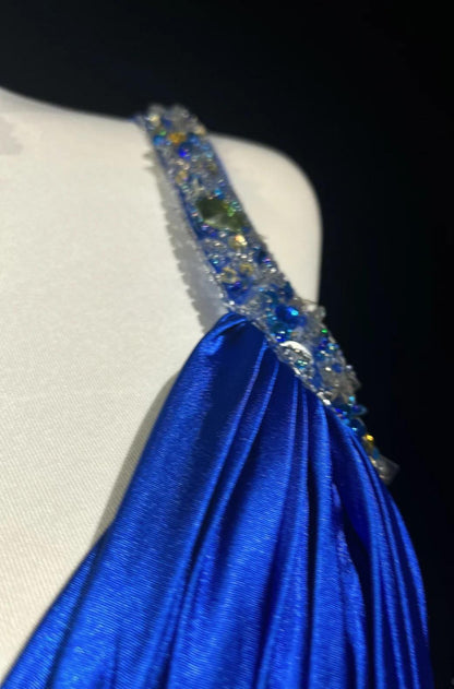 Beautiful Backless Beaded Satin Sheath Royal Blue Long Prom Dress Formal Evening Gown ED01867