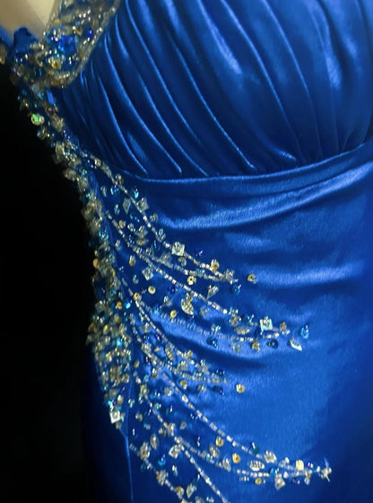 Beautiful Backless Beaded Satin Sheath Royal Blue Long Prom Dress Formal Evening Gown ED01867