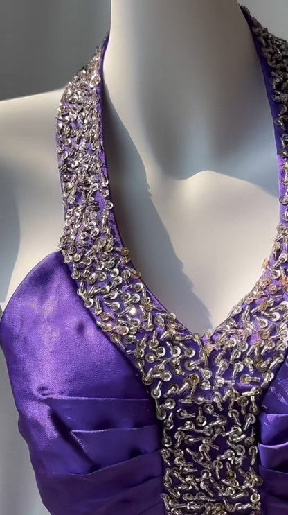 Charming Purple Halter Satin Sheath Beaded Sequins Backless Prom Dress Temperament Evening Dress ED01868