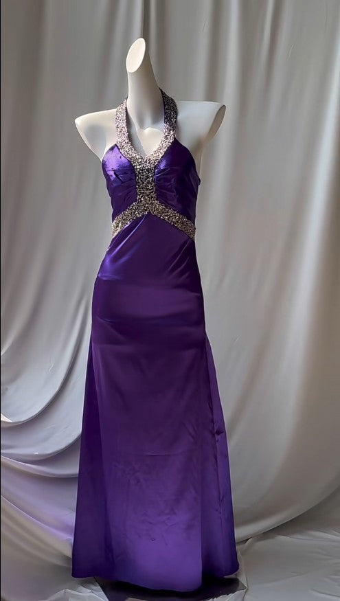 Charming Purple Halter Satin Sheath Beaded Sequins Backless Prom Dress Temperament Evening Dress ED01868