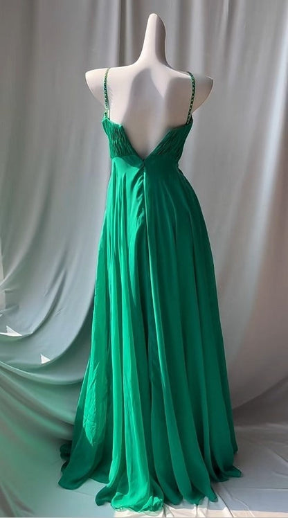 Vintage Green Spaghetti Strap Chiffon A-Line Sequin Rhinestone Prom Dress Beautiful Bridal Dress ED01870