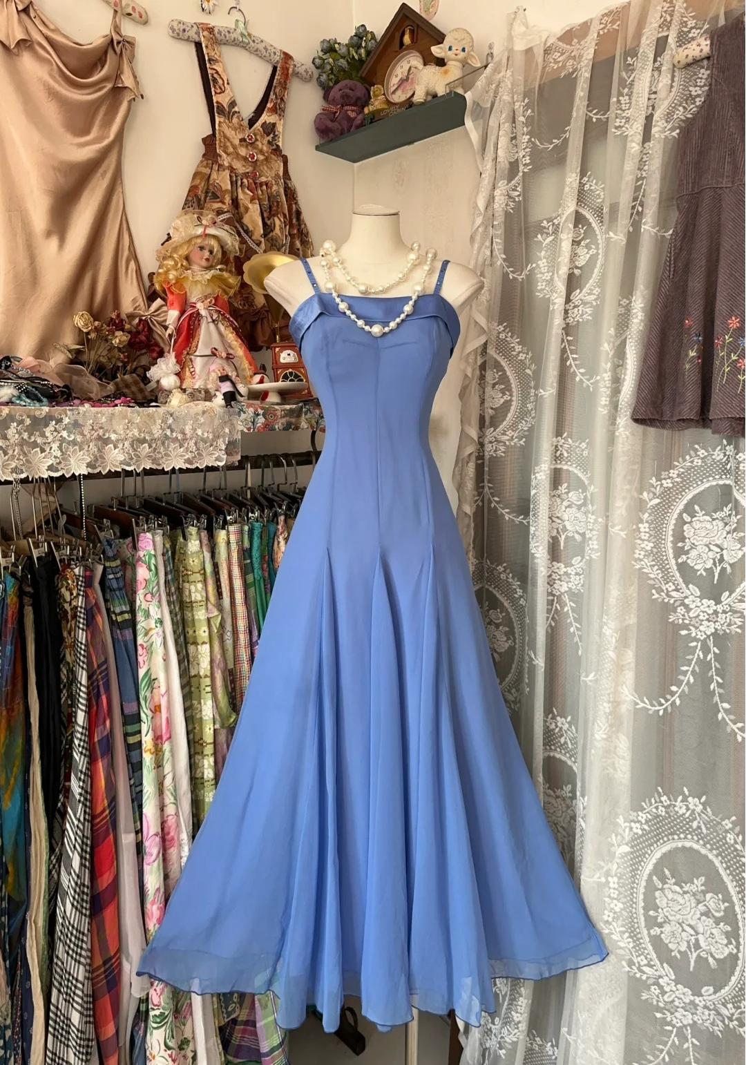 Vintage Soft Blue Spaghetti Strap A-line Chiffon Birthday Prom Dress Pretty Graduation Dress ED01871