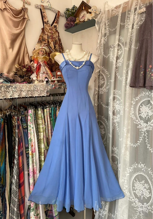 Vintage Soft Blue Spaghetti Strap A-line Chiffon Birthday Prom Dress Pretty Graduation Dress ED01871