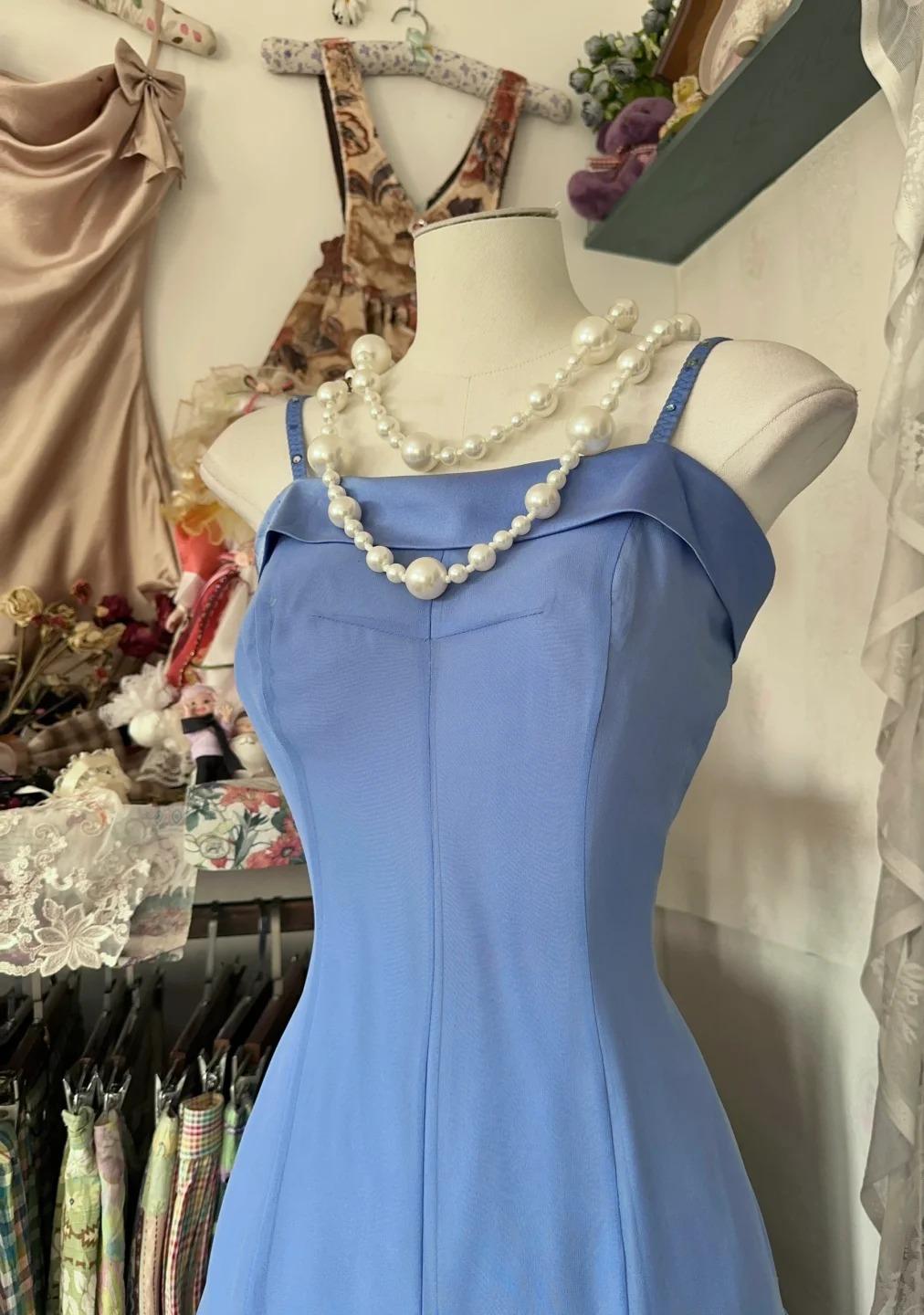 Vintage Soft Blue Spaghetti Strap A-line Chiffon Birthday Prom Dress Pretty Graduation Dress ED01871