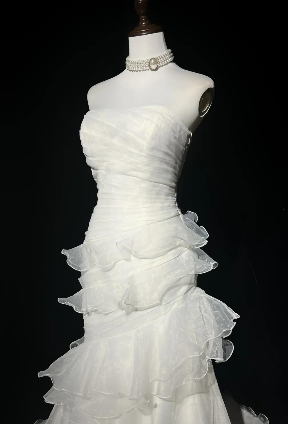 Stunning White Strapless Mermaid Organza Long Prom Dress Simple Wedding Dress ED01872
