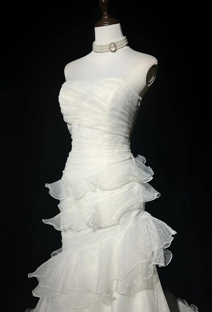 Stunning White Strapless Mermaid Organza Long Prom Dress Simple Wedding Dress ED01872