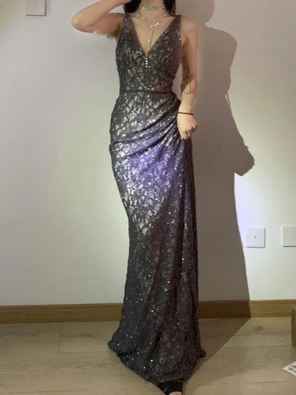 Unique V Neck Lace Sheath Long Prom Dress Sparkling Party Dress ED01873