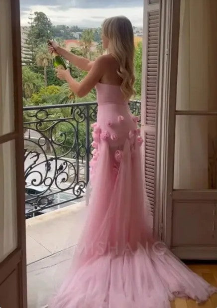 Sweet Pink Bodycon Dress Strapless Applique Tulle Long Prom Dress ED01876