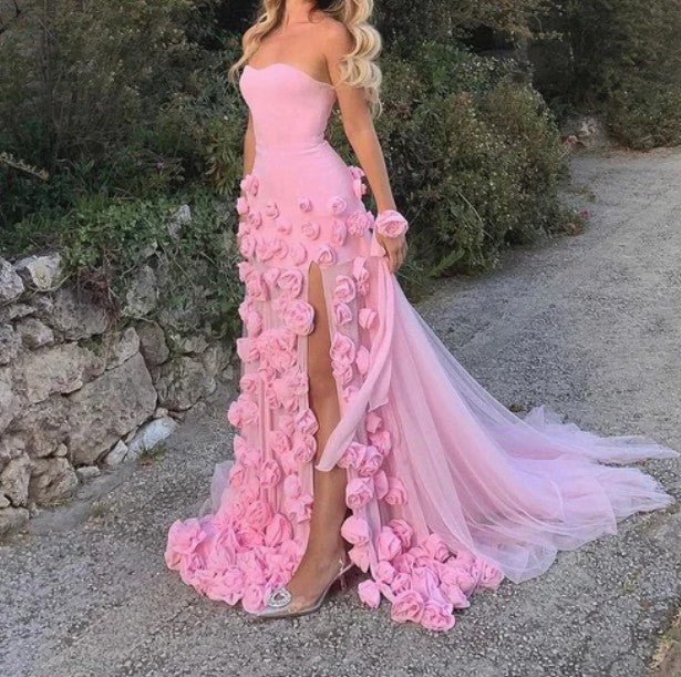Sweet Pink Bodycon Dress Strapless Applique Tulle Long Prom Dress ED01876