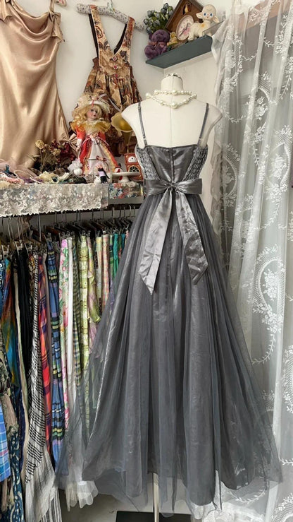 Cute Silver Grey A-Line Spaghetti Straps Tulle Satin Long Prom Dress Gorgeous Birthday Dress Evening Dress ED01878