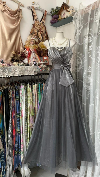 Cute Silver Grey A-Line Spaghetti Straps Tulle Satin Long Prom Dress Gorgeous Birthday Dress Evening Dress ED01878