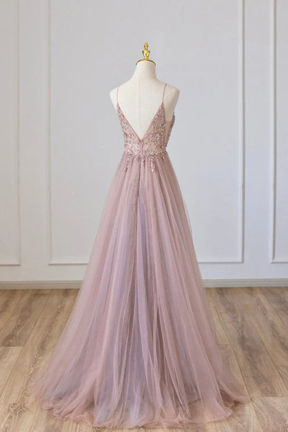 Pink Tulle Long A-Line Prom Dress, Pink Spaghetti Formal Dress with Beaded ED01879
