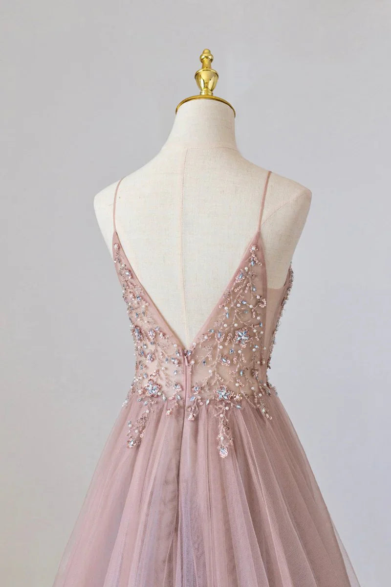 Pink Tulle Long A-Line Prom Dress, Pink Spaghetti Formal Dress with Beaded ED01879