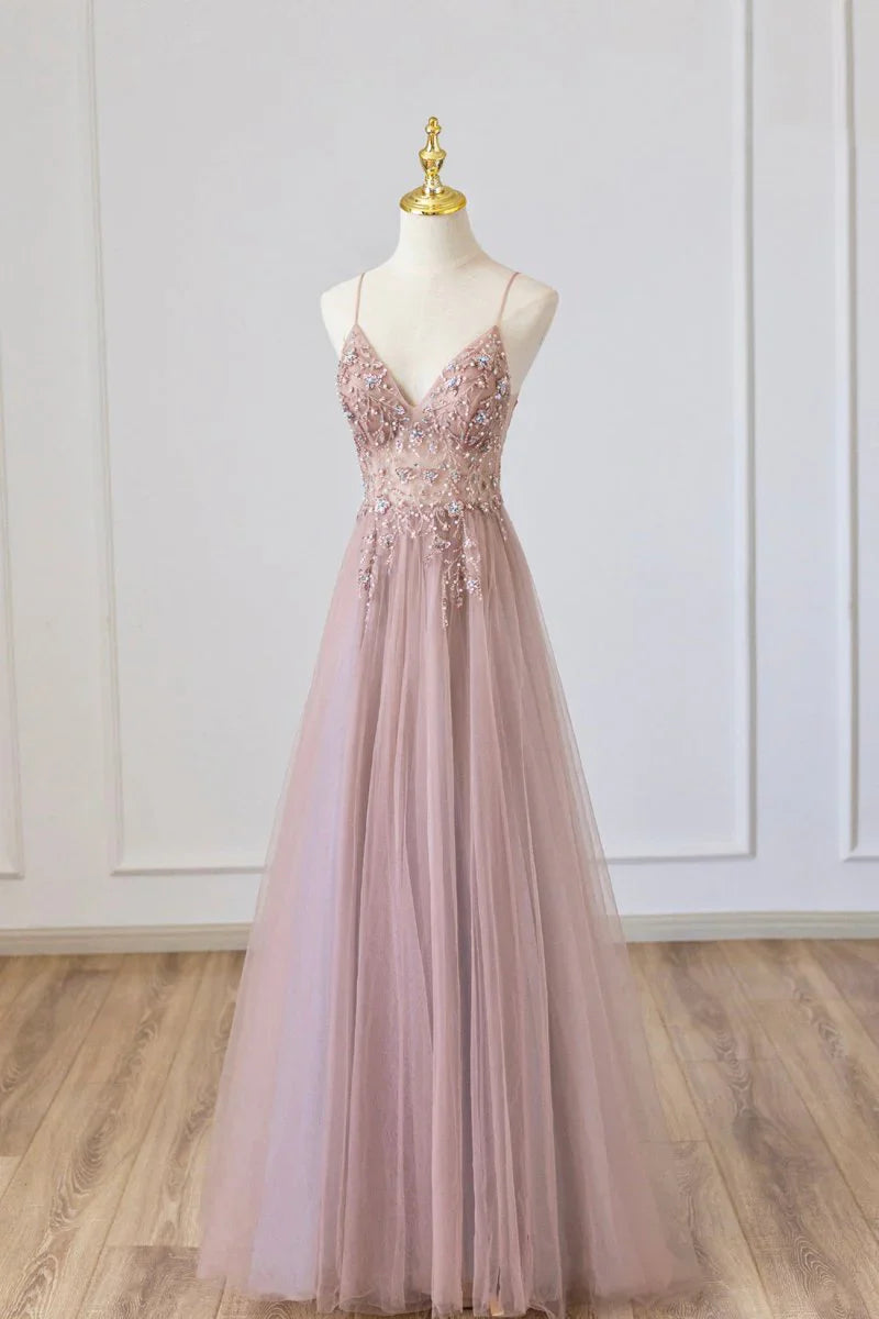 Pink Tulle Long A-Line Prom Dress, Pink Spaghetti Formal Dress with Beaded ED01879
