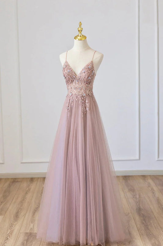 Pink Tulle Long A-Line Prom Dress, Pink Spaghetti Formal Dress with Beaded ED01879