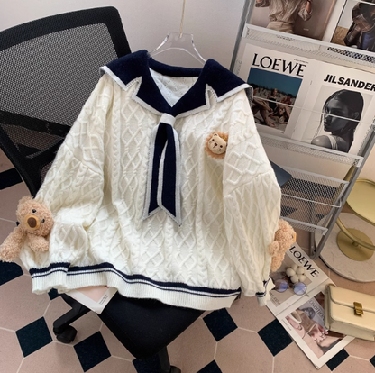 Navy collar preppy style bear women's long sleeve sweater ED0187