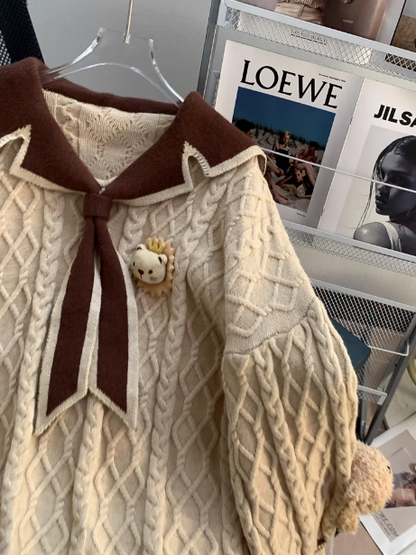 Navy collar preppy style bear women's long sleeve sweater ED0187