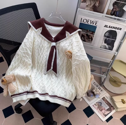 Navy collar preppy style bear women's long sleeve sweater ED0187