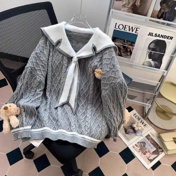 Navy collar preppy style bear women's long sleeve sweater ED0187