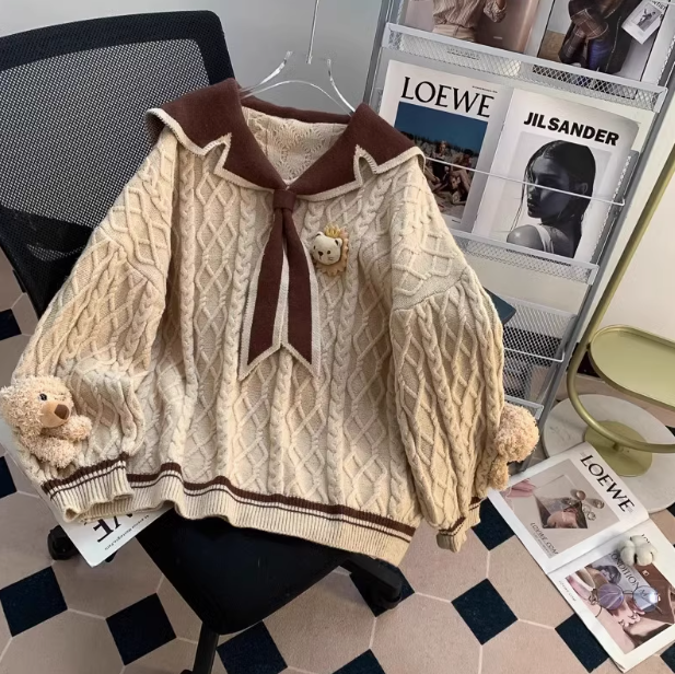 Navy collar preppy style bear women's long sleeve sweater ED0187