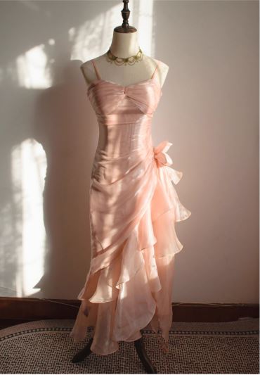 Sweet Blush Pink Spaghetti Straps Sleeveless Chiffon Prom Dress Vintage Birthday Evening Dress ED01881