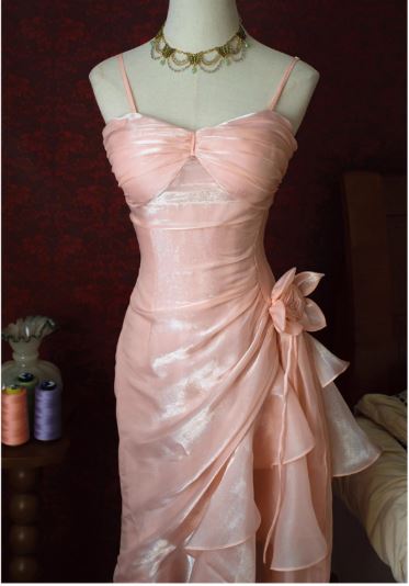 Sweet Blush Pink Spaghetti Straps Sleeveless Chiffon Prom Dress Vintage Birthday Evening Dress ED01881