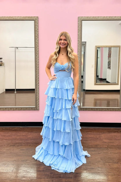 Cute Hot Pink A-Line Strapless Chiffon Long Prom Dress Layered Slit Sleeveless Evening Gown ED01882