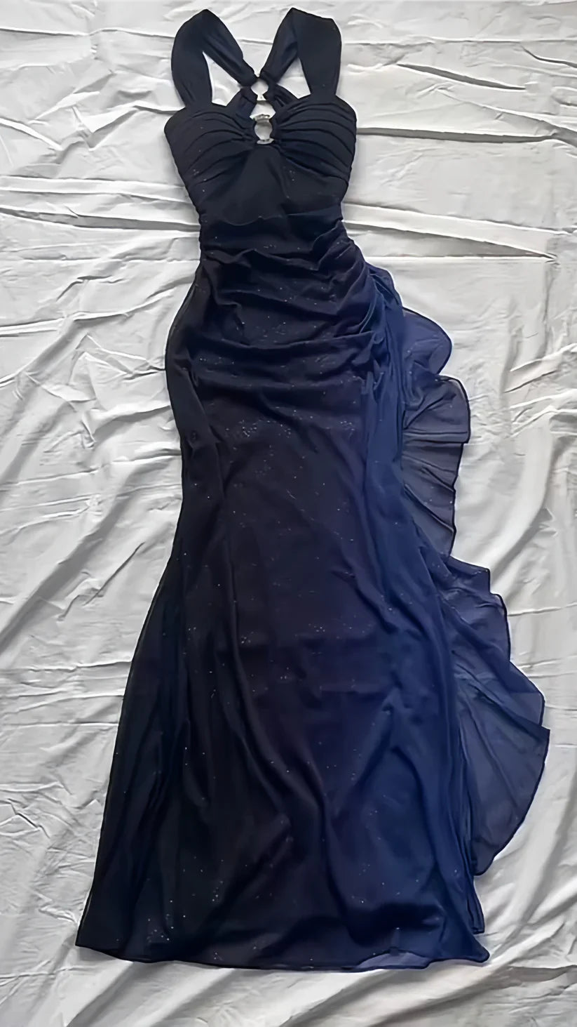 Affordable dresses under $160||Elegant Gradient Navy Blue Sheath Spaghetti Straps Sparkling Chiffon  Prom Dress for Party ED01883