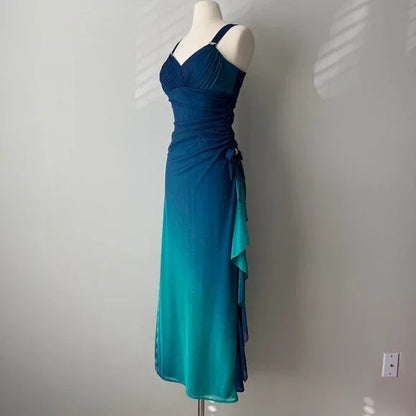 Beautiful Gradient Blue Glitter Chiffon Sweetheart Neck Prom Dress Birthday Dress ED01885